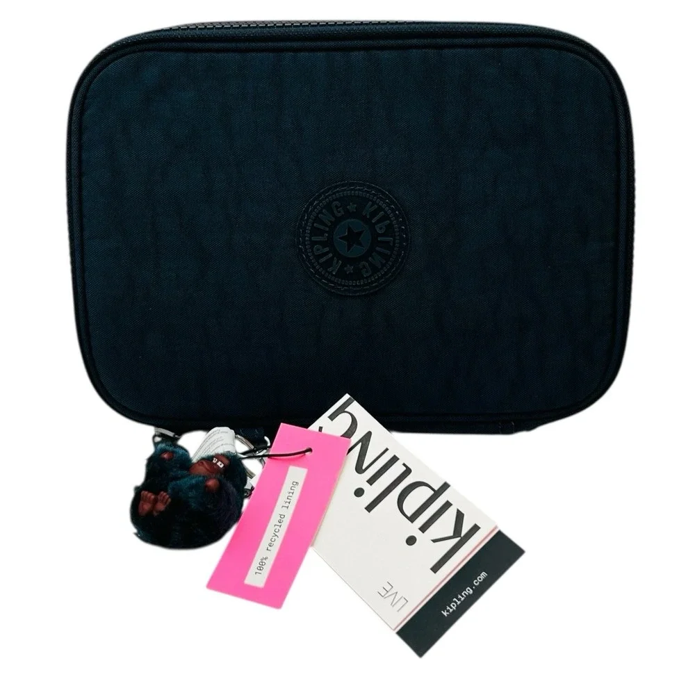 Kipling Zip‎ Around Pencil- Makeup Travel Organizer Pouch Case True Blue Tonal
